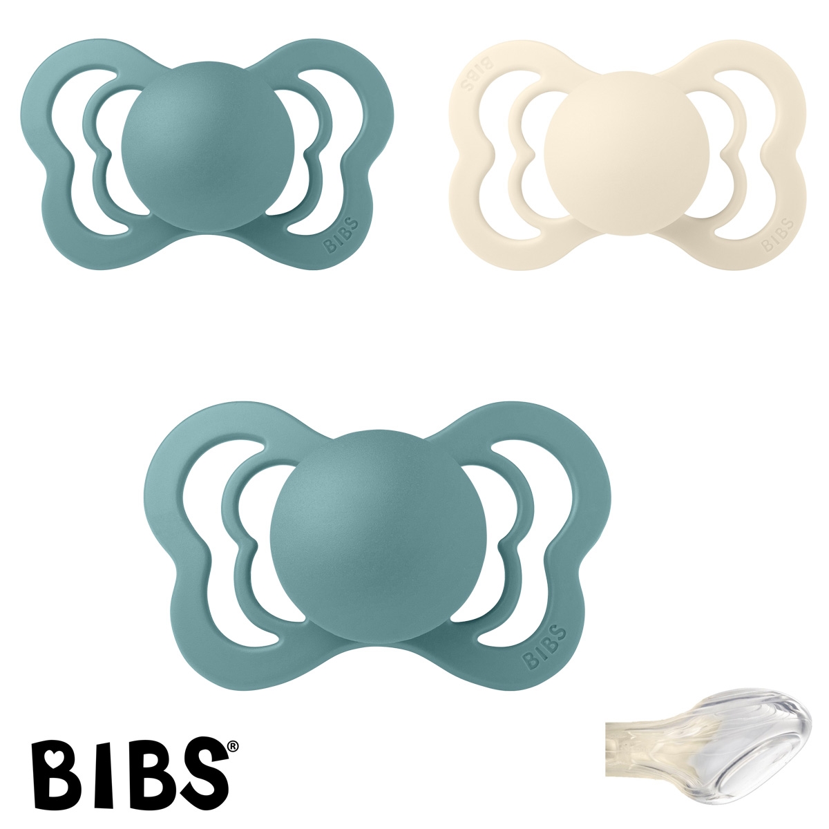 BIBS Couture mit Namen, 2 Island Sea, 1 Ivory, Gr. 2, Anatomisch, Silikon, 3\'er Pack