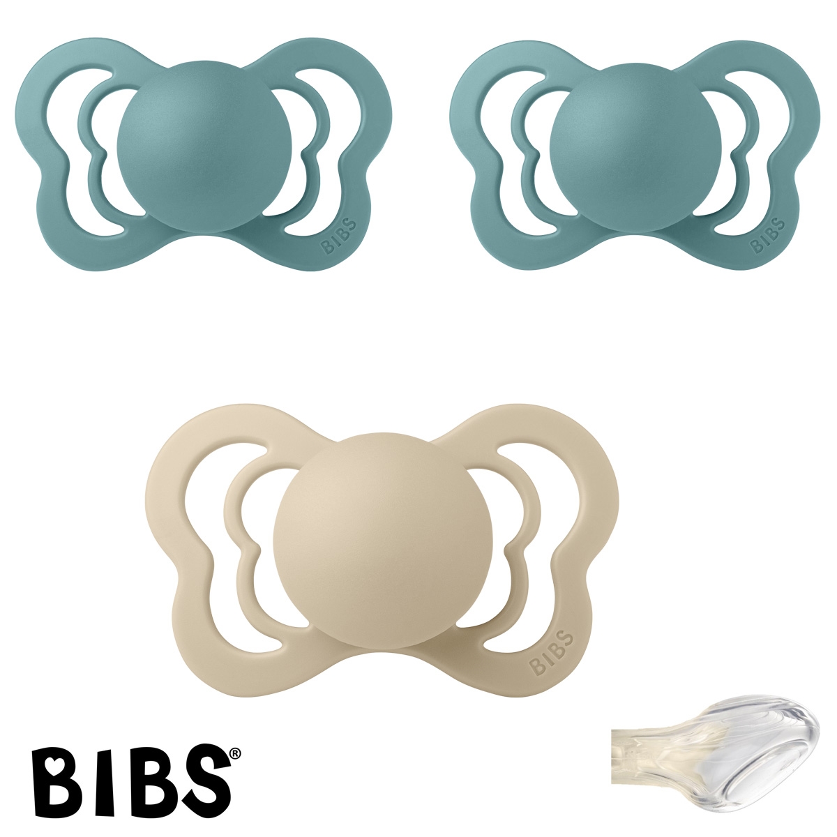 BIBS Couture mit Namen, 2 Island Sea, 1 Vanilla, Gr. 2, Anatomisch, Silikon, 3\'er Pack