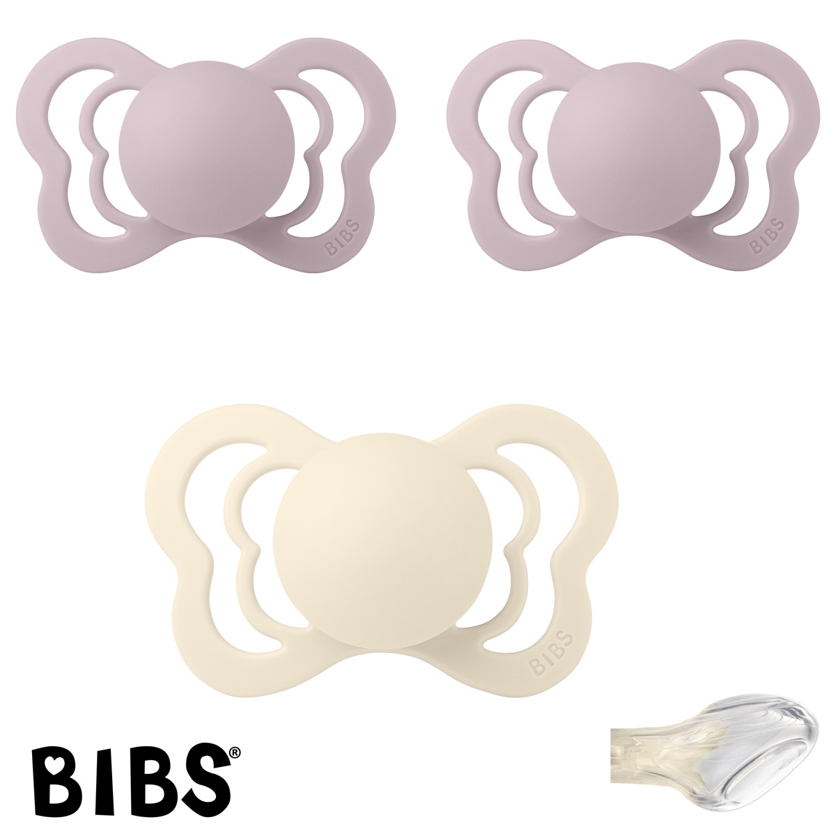 BIBS Couture mit Namen, 1 Ivory, 2 Dusky Lilac, Gr. 2, Anatomisch, Silikon, 3\'er Pack