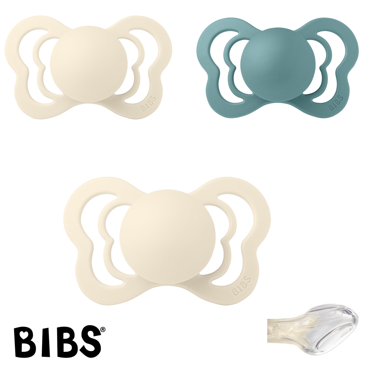BIBS Couture mit Namen, 1 Island Sea, 2 Ivory, Gr. 2,  Anatomisch, Silikon, 3\'er Pack