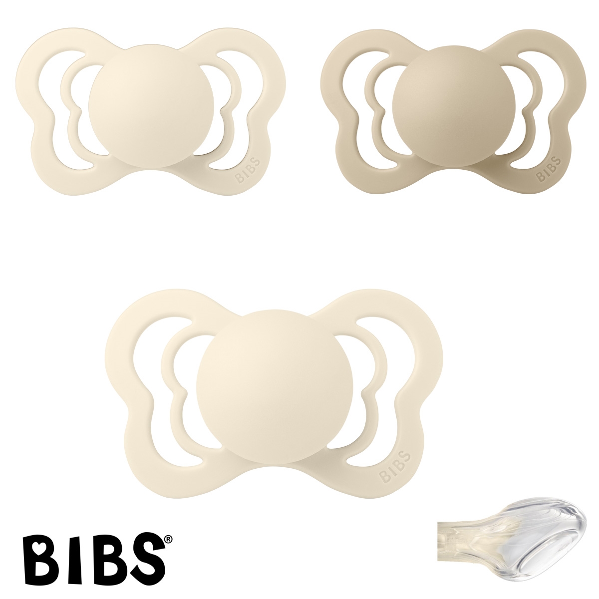 BIBS Couture mit Namen, 2 Ivory, 1 Vanilla, Gr. 2, Anatomisch, Silikon, 3\'er Pack