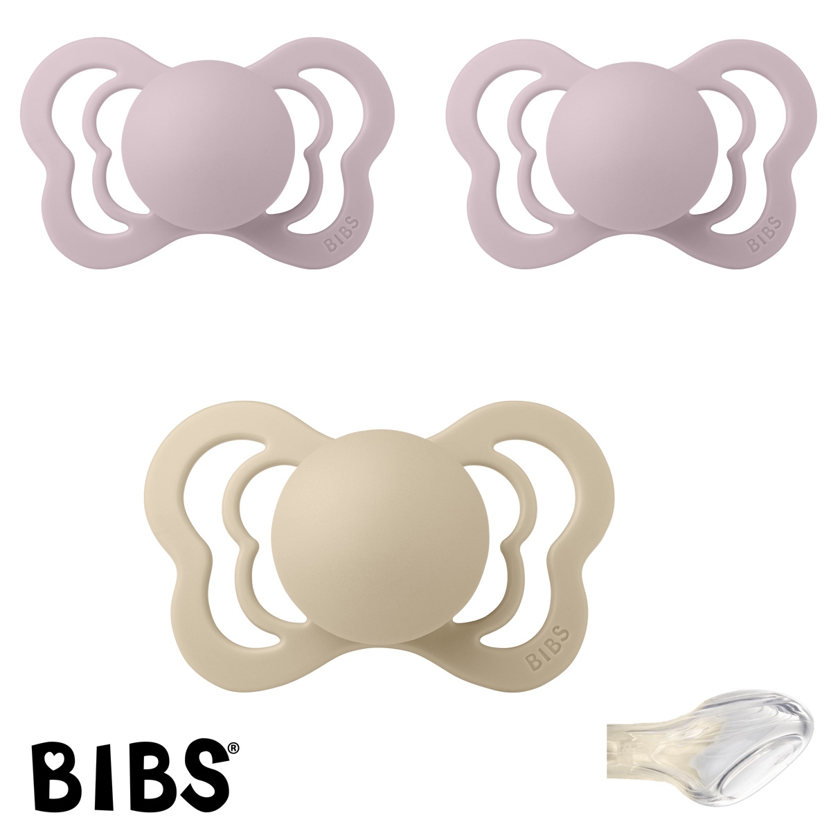 BIBS Couture mit Namen, 1 Vanilla, 2 Dusky Lilac, Gr. 2, Anatomisch, Silikon, 3\'er Pack