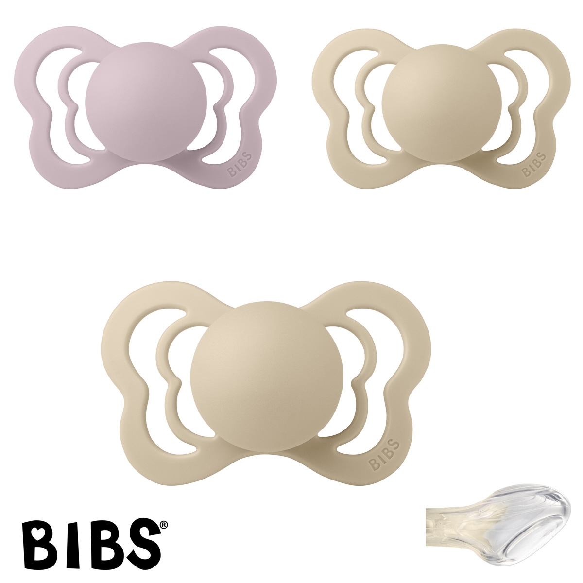 BIBS Couture mit Namen, 2 Vanilla, 1 Dusky Lilac, Gr. 2, Anatomisch, Silikon, 3\'er Pack