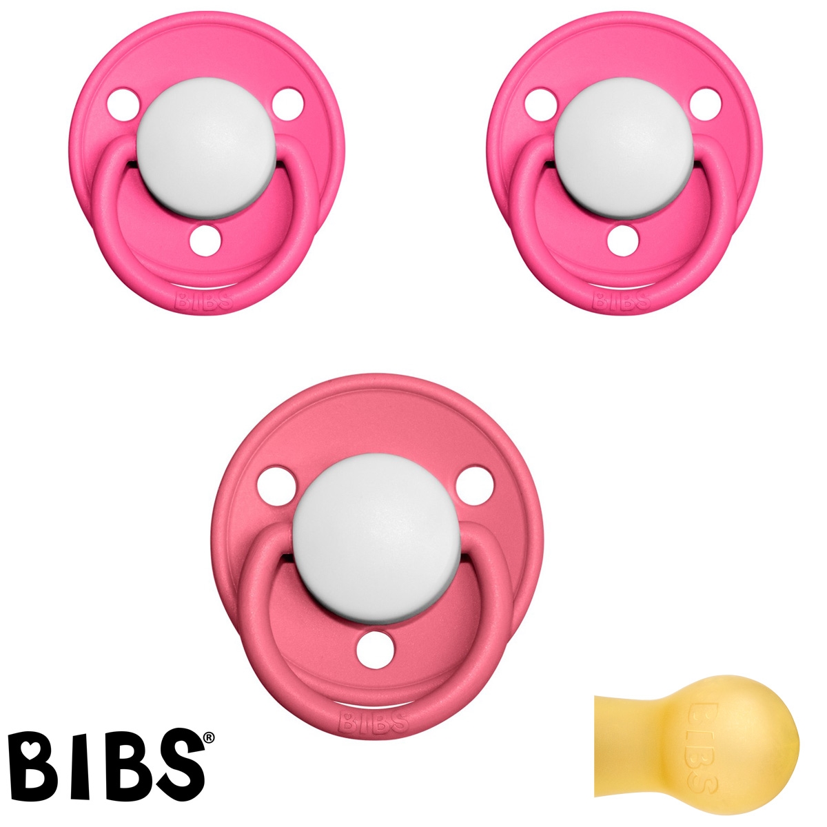 Bibs de LUX Schnuller mit Namen, Rund, Latex, Gr. 2, (1 Raspberry, 2 Coral), 3\'er Pack