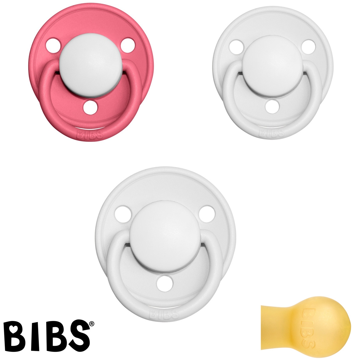 Bibs de LUX Schnuller mit Namen, Rund, Latex, Gr. 1, (2 White + 1 Coral -HK), 3\'er Pack