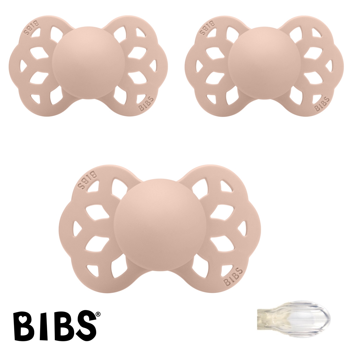 Bibs Infinity Schnuller mit Namen, Symmetrisch Silikon Gr. 1, Blush, 3\'er Pack