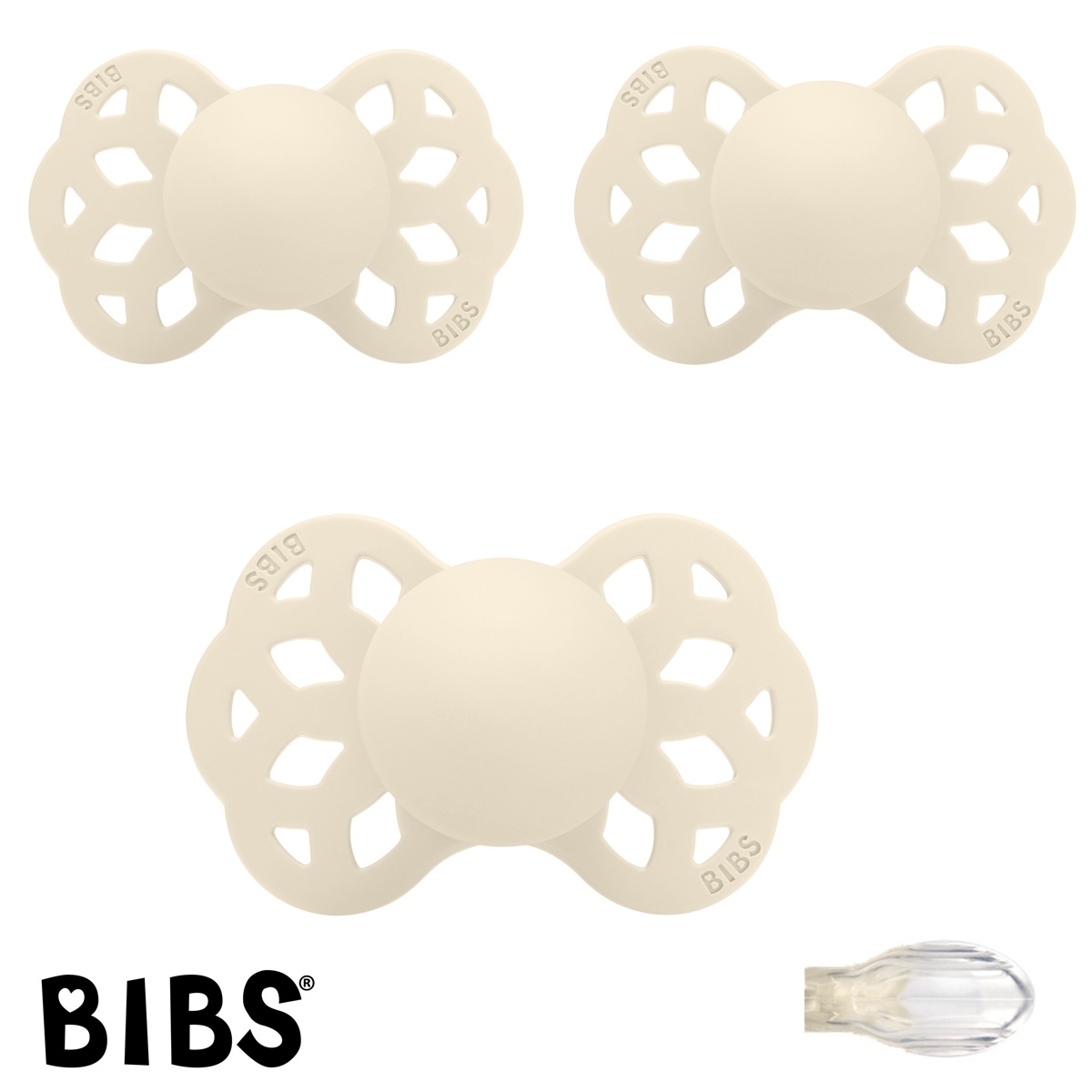 Bibs Infinity Schnuller mit Namen, Symmetrisch Silikon Gr. 1, Ivory, 3\'er Pack