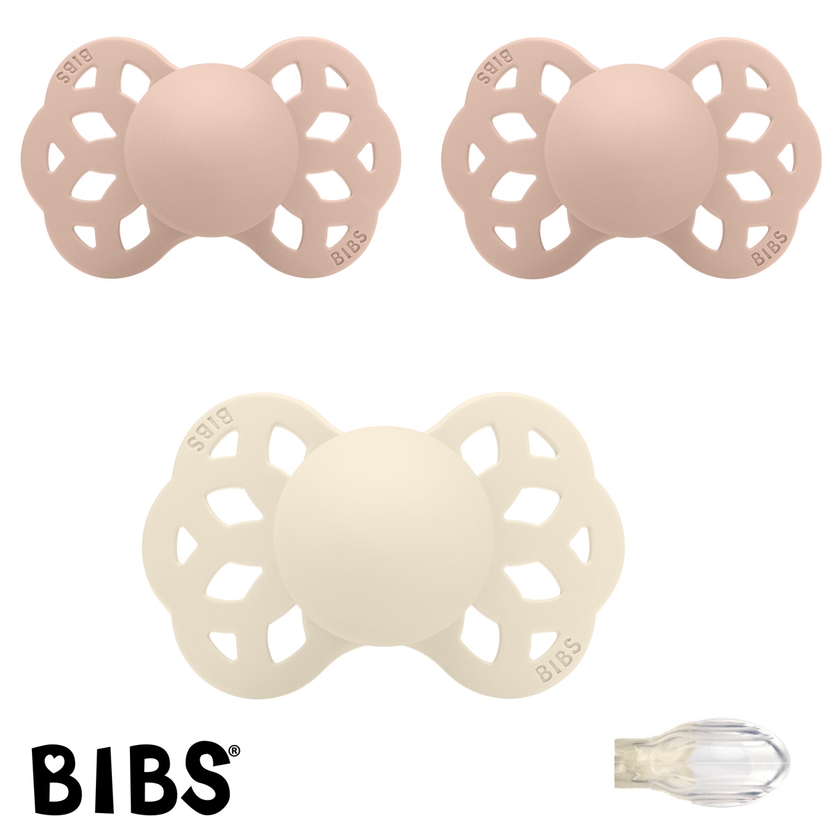 Bibs Infinity Schnuller mit Namen, Symmetrisch Silikon Gr. 1, 2 Blush, 1 Ivory, 3\'er Pack