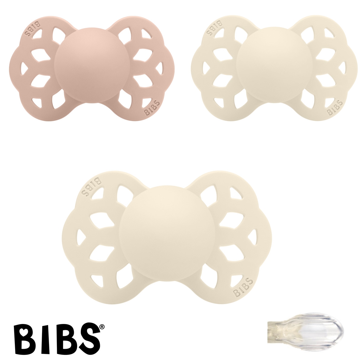 Bibs Infinity Schnuller mit Namen, Symmetrisch Silikon Gr. 1, 1 Blush, 2 Ivory, 3\'er Pack