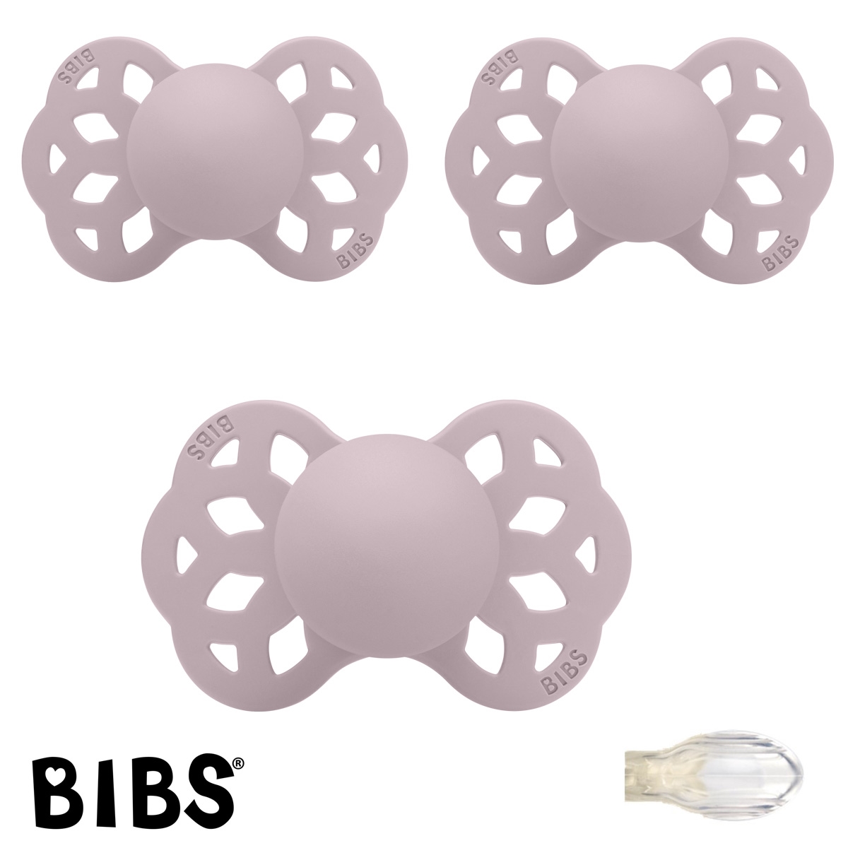 Bibs Infinity Schnuller mit Namen, Symmetrisch Silikon Gr. 2, 3 Dusky Lilac, 3\'er Pack