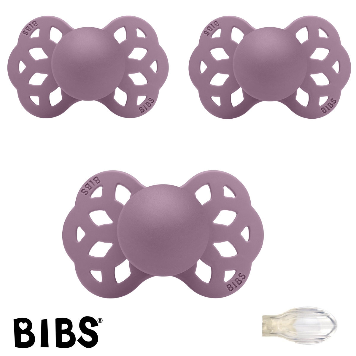 Bibs Infinity Schnuller mit Namen, Symmetrisch Silikon Gr. 2, 3 Mauve, 3\'er Pack