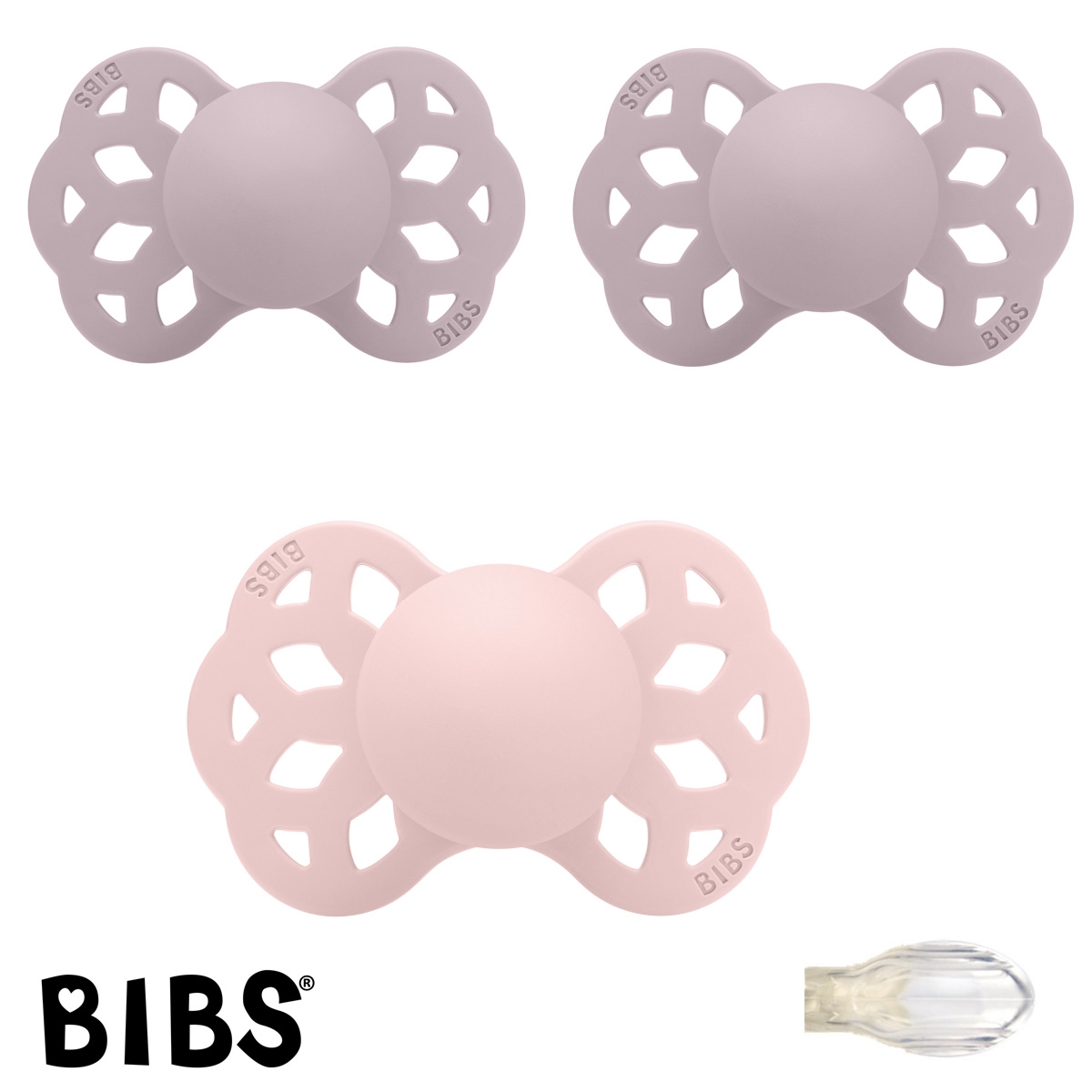 Bibs Infinity Schnuller mit Namen, Symmetrisch Silikon Gr. 2, 1 Blossom, 2 Dusky Lilac, 3\'er Pack