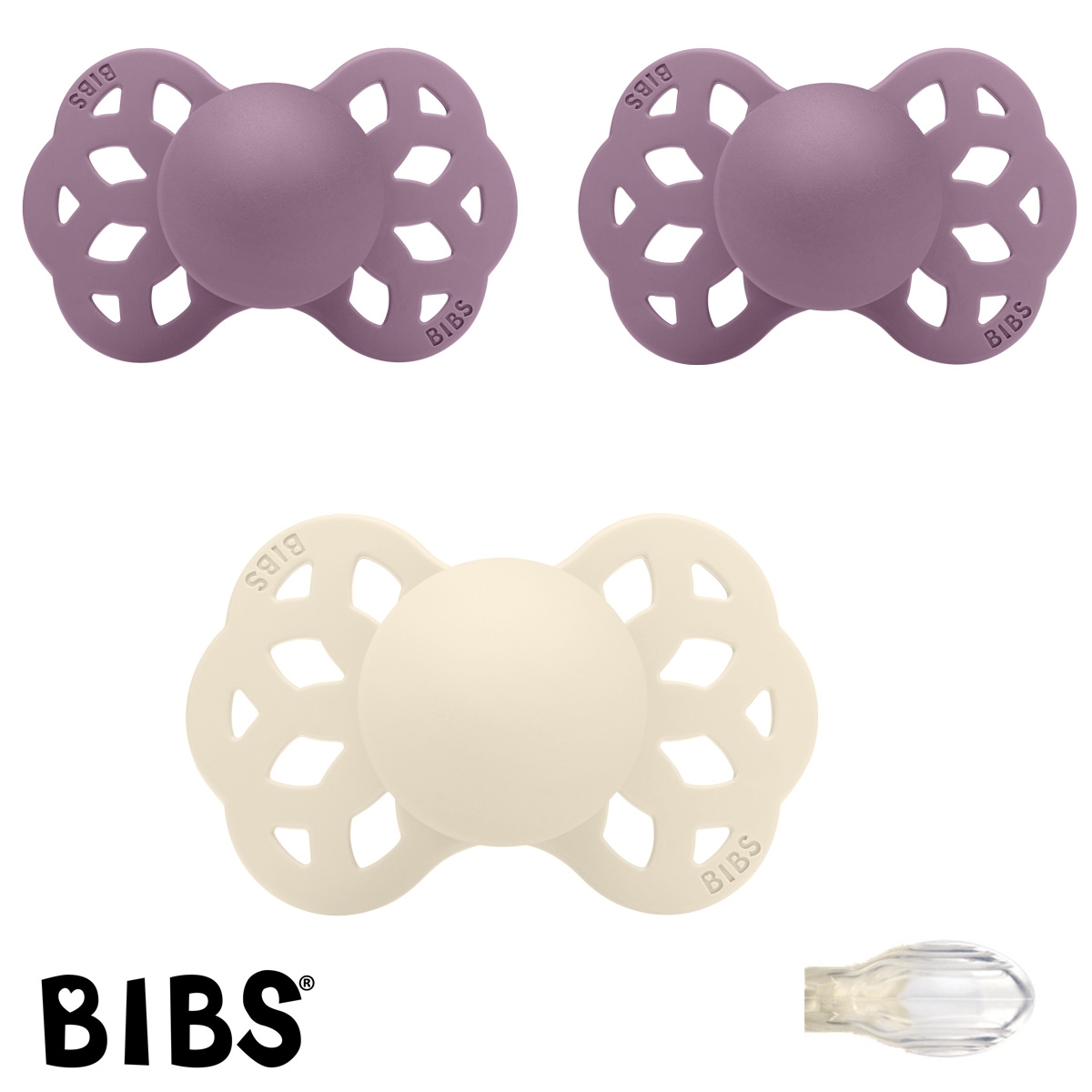 Bibs Infinity Schnuller mit Namen, Symmetrisch Silikon Gr. 2, 1 Ivory, 2 Mauve, 3\'er Pack