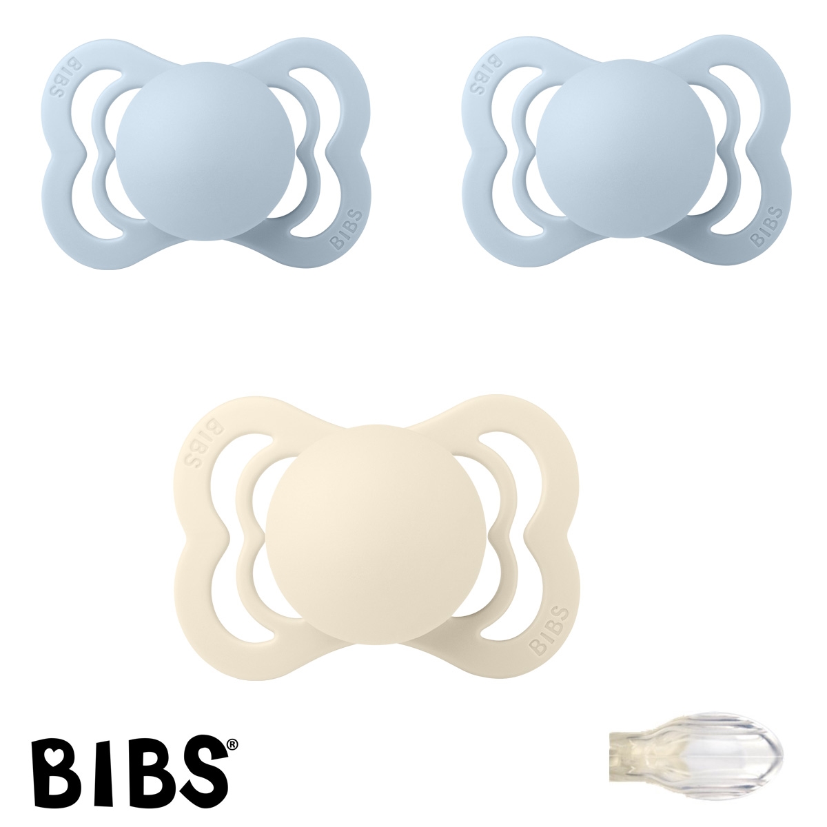 Bibs Supreme Schnuller mit Namen, Symmetrisch, Silikon, Gr. 1, 1 Ivory, 2 baby Blue, 3\'er Pack