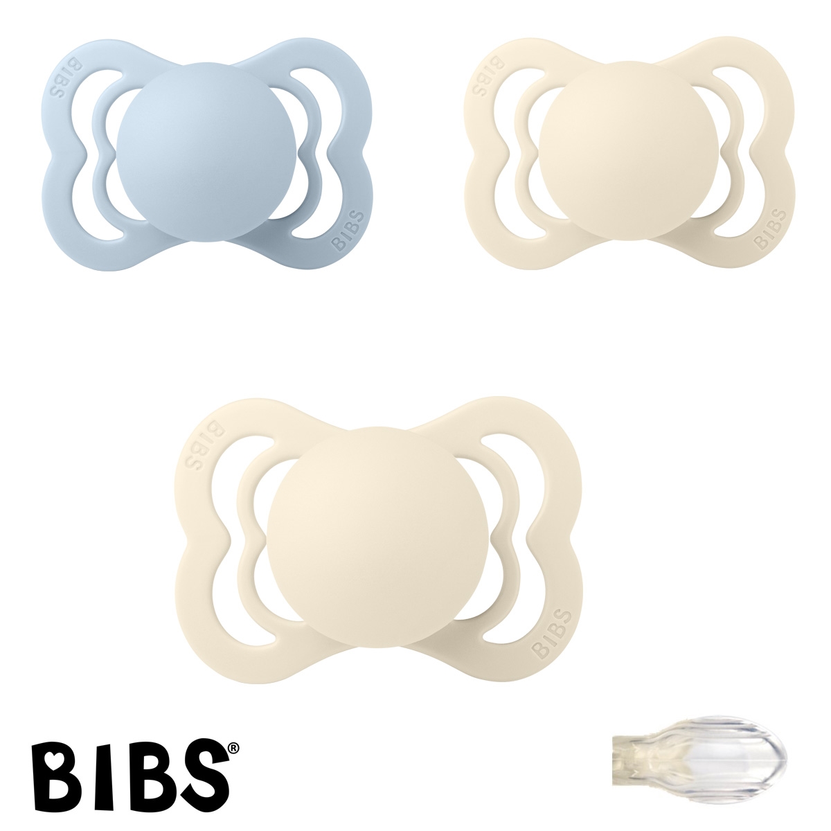  Bibs Supreme Schnuller mit Namen, Symmetrisch, Silikon, Gr. 1, 2 Ivory, 1 Baby Blue, 3\'er Pack