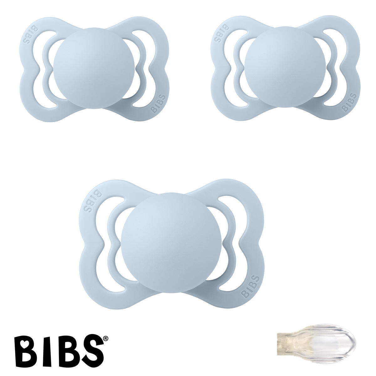  Bibs Supreme Schnuller mit Namen, Symmetrisch, Silikon, Gr.1, Baby Blue, 3\'er Pack