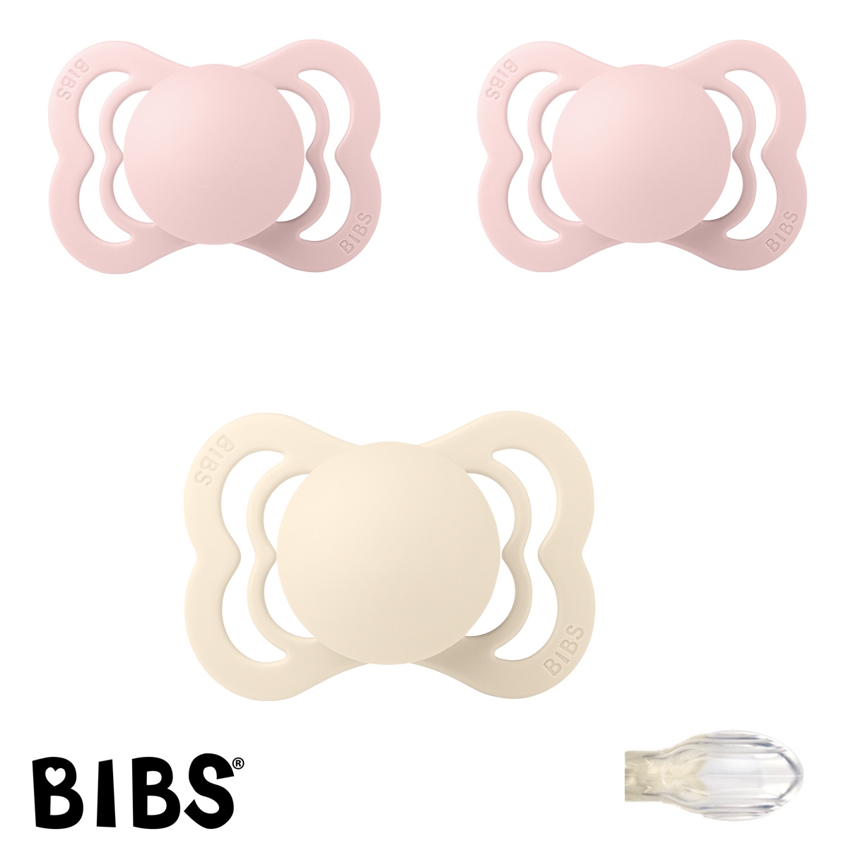 Schnuller mit Namen, Bibs Supreme, Symmetrisch Silikon Gr. 1, 2 Blossom, 1 Ivory, 3\'er Pack