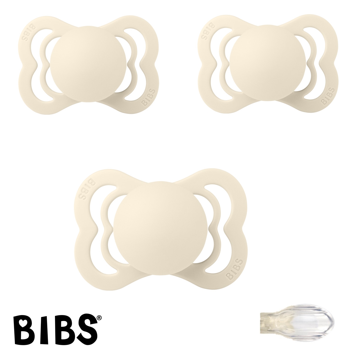 Bibs Supreme Schnuller mit Namen, Symmetrisch Silikon Gr. 1, Ivory, 3\'er Pack