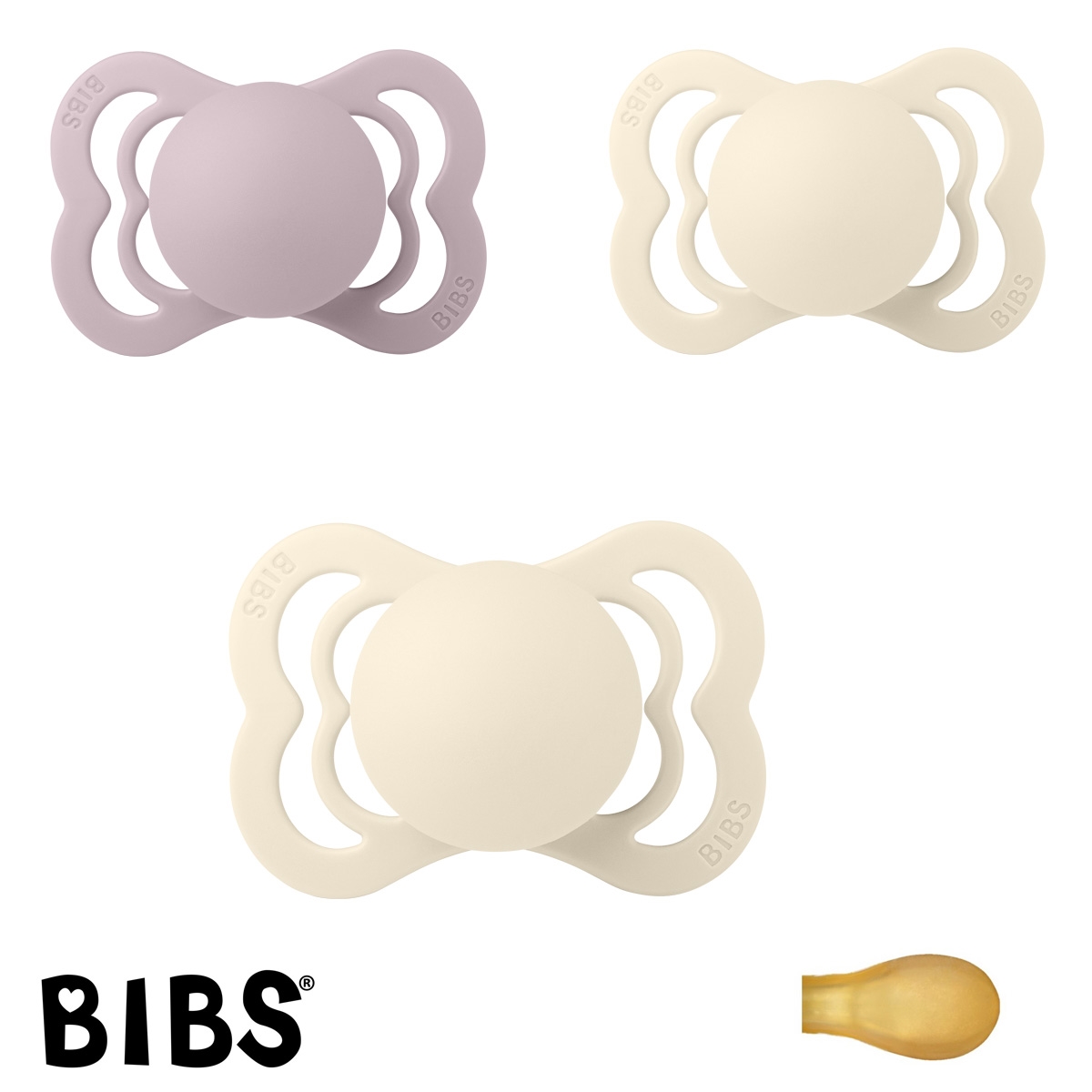 BIBS Supreme Schnuller mit Namen, Symmetrisch Latex Gr.1, 2 Ivory, 1 Dusky Lilac, 3\'er Pack