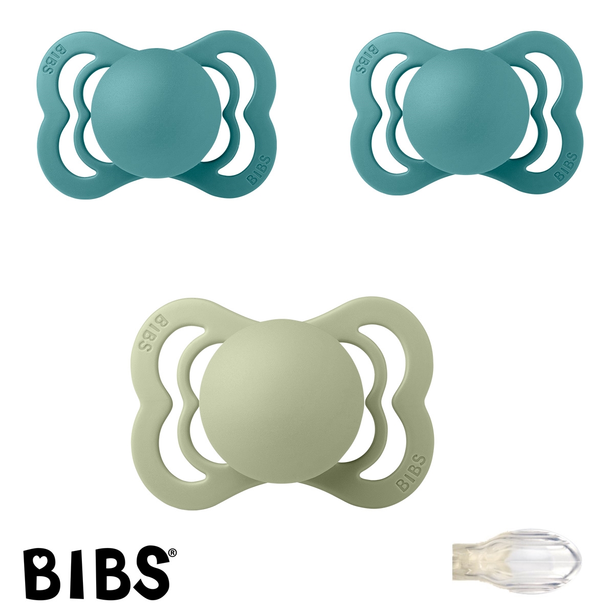 Bibs Supreme Schnuller mit Namen, Symmetrisch, Silikon, Gr. 1, 1 Sage, 2 Island Sea, 3\'er Pack