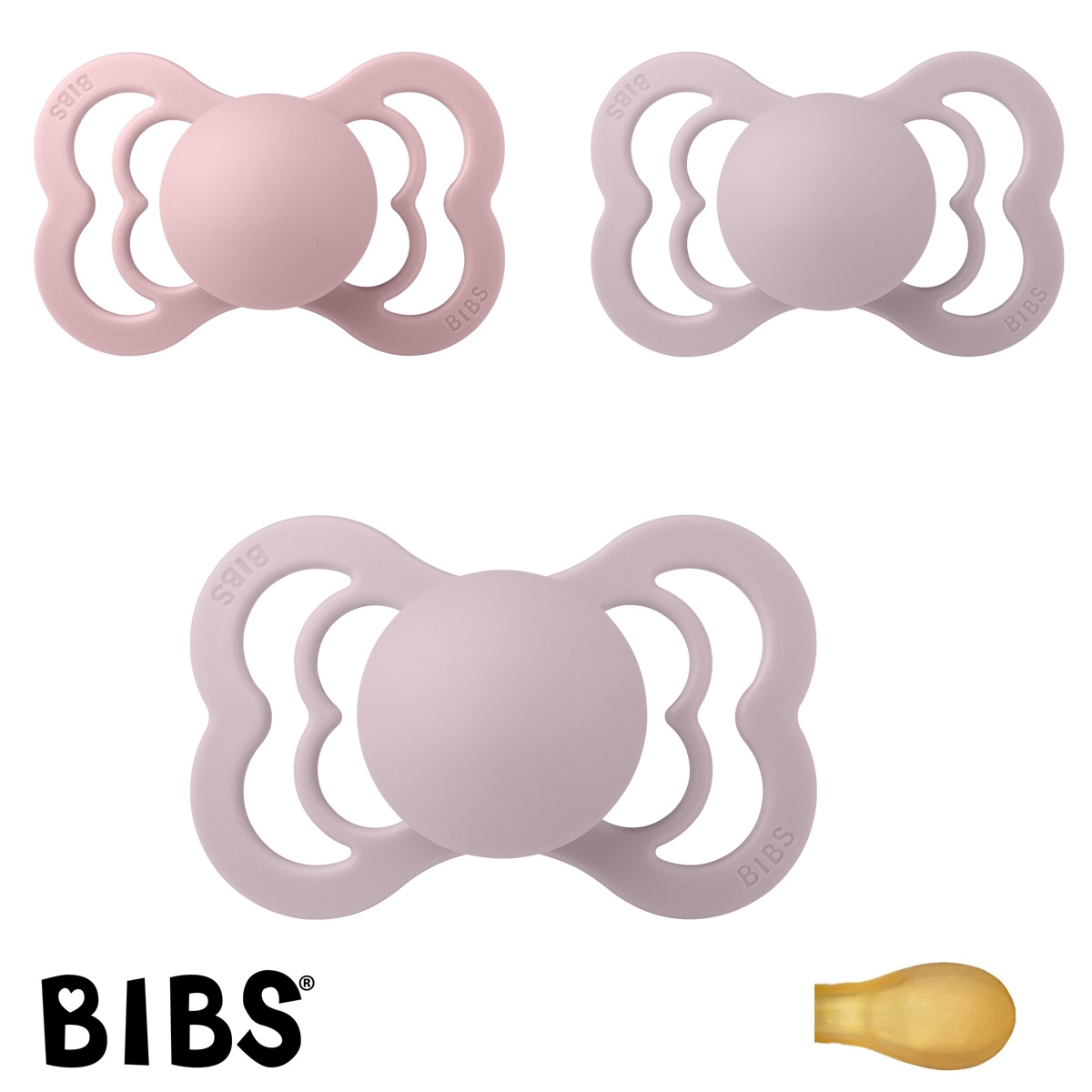 BIBS Supreme Schnuller mit Namen, Symmetrisch Latex Gr. 2, 2 Dusky Lilac, 1 Pink Plum, 3\'er Pack