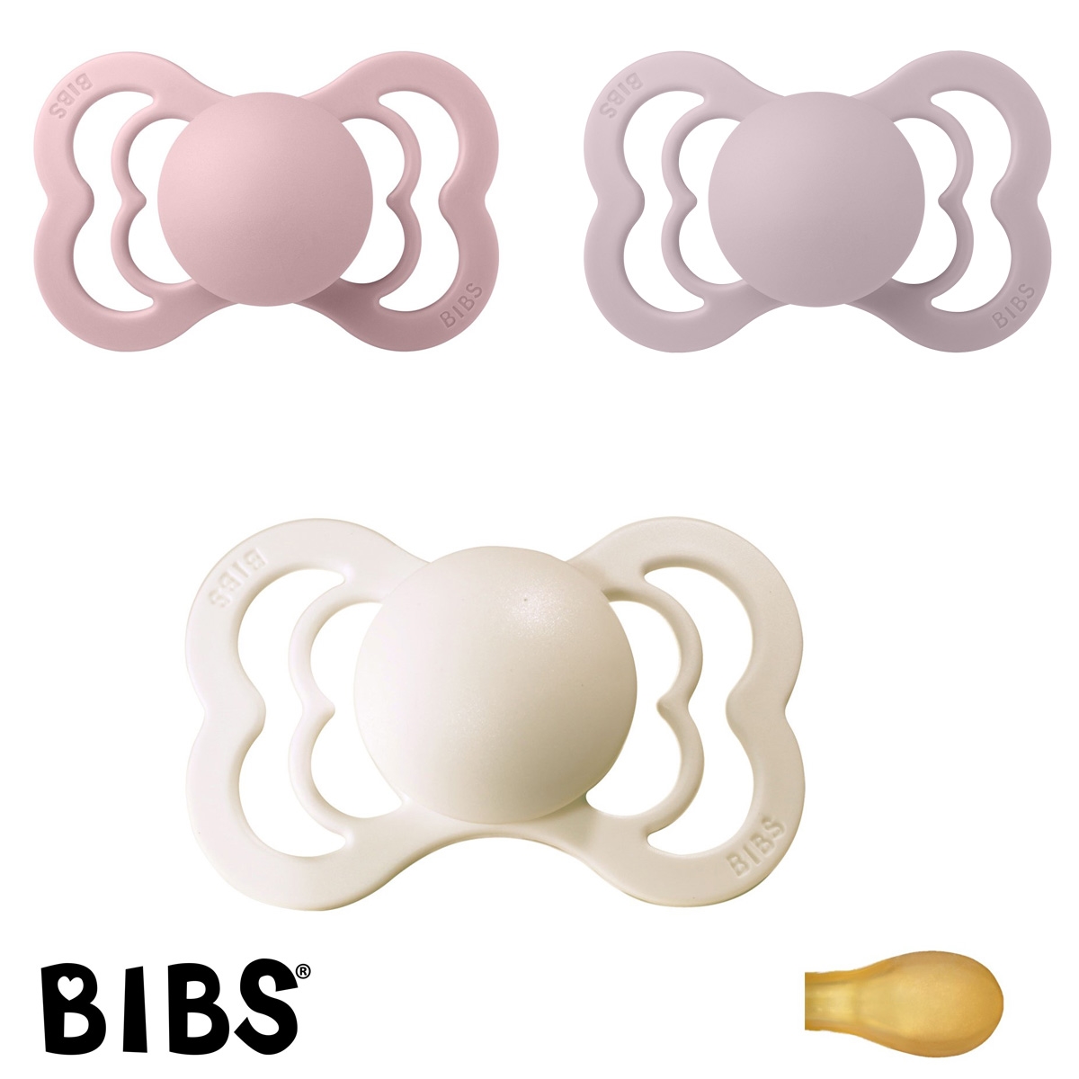 Bibs Supreme Schnuller mit Namen, Symmetrisch Latex Gr. 2, Pink Plum, Dusky Lilac, Haze, 3\'er Pack