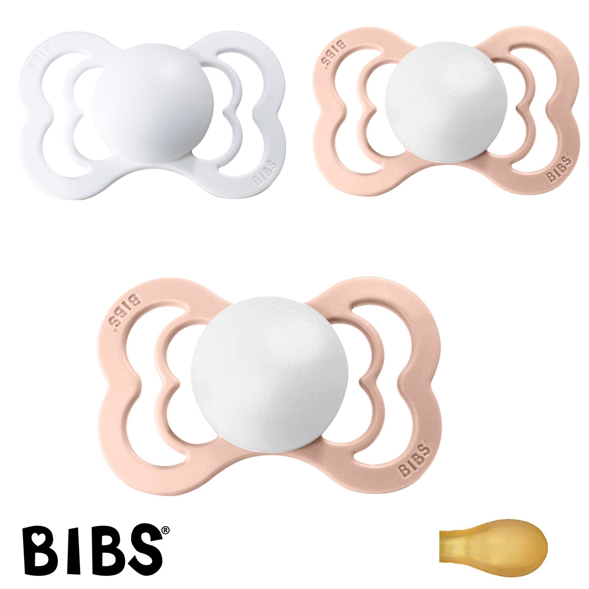 BIBS Supreme Schnuller mit Namen, Symmetrisch Latex Gr. 2, 2 Blush, 1 White, 3\'er Pack