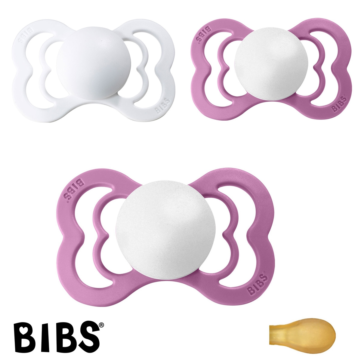BIBS Supreme Schnuller mit Namen, Symmetrisch Latex Gr. 2, 2 Lavender, 1 White, 3\'er Pack