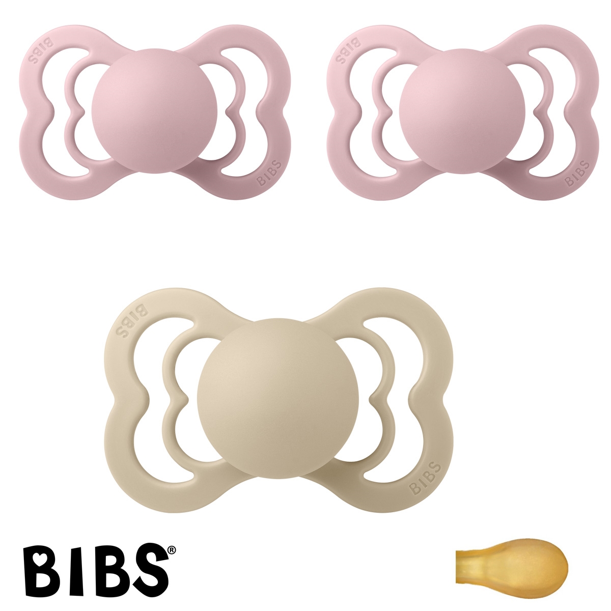 BIBS Supreme Schnuller mit Namen, Gr. 2, 1 Vanilla, 2 Pink Plum, Symmetrisch Latex, 3\'er Pack