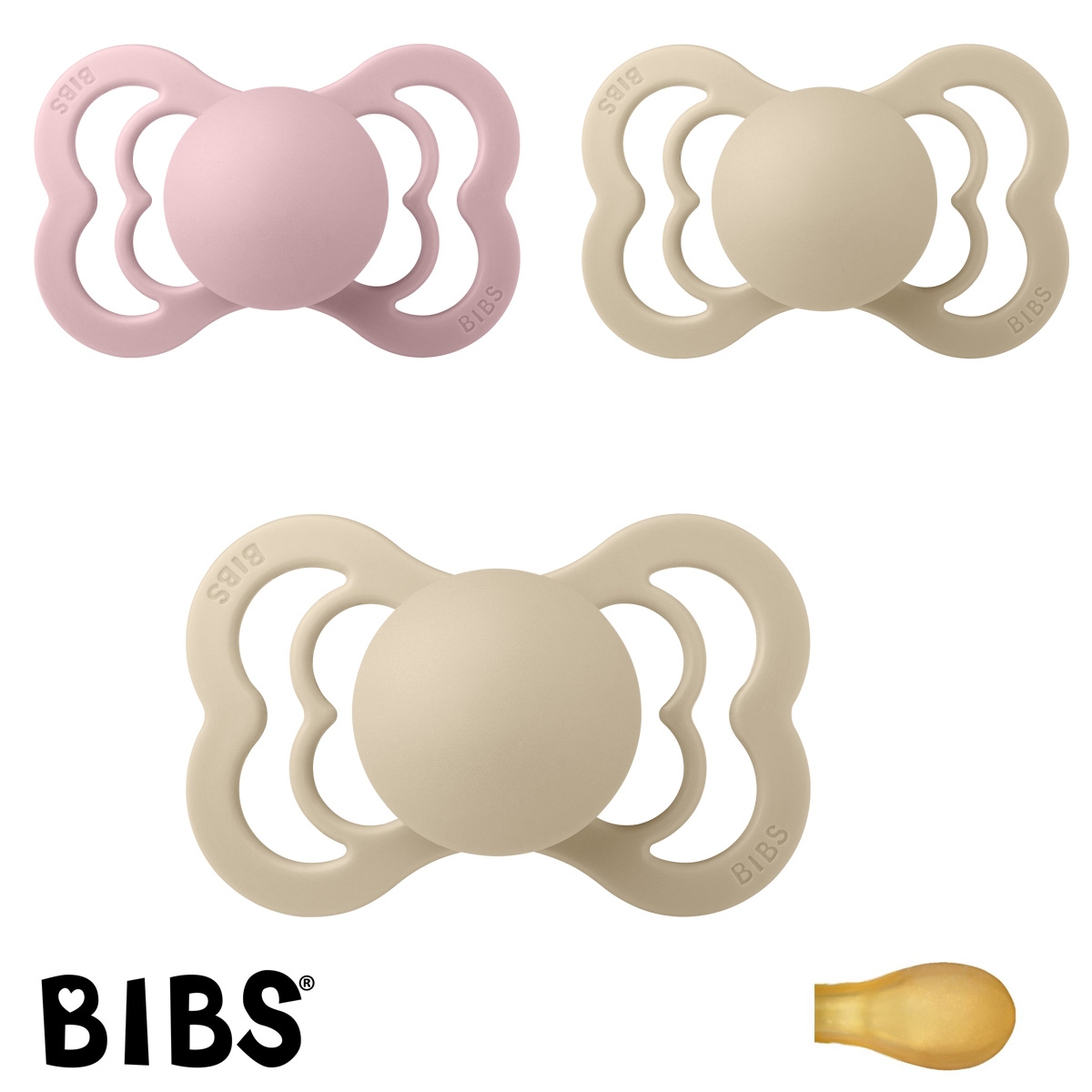 BIBS Supreme Schnuller mit Namen, Gr. 2, 1 Pink Plum, 2 Vanilla, Symmetrisch Latex, 3\'er Pack