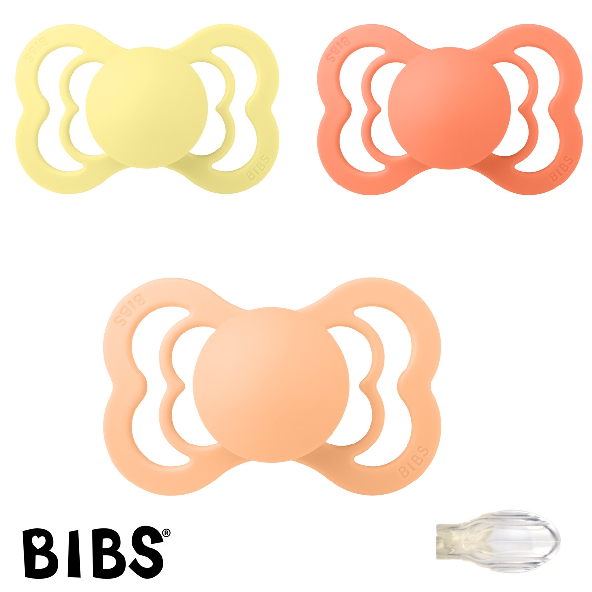 BIBS Supreme Schnuller mit Namen, Gr. 2, Sunshine, Papaya, Peach Sunset, Symmetrisch Silikon, 3\'er Pack