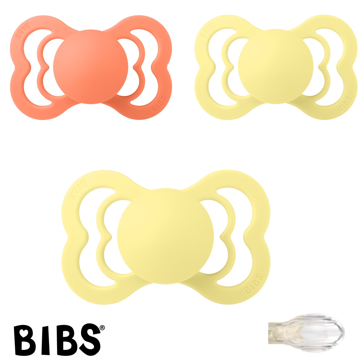 BIBS Supreme Schnuller mit Namen, Gr. 2, 1 Papaya, 2 Sunshine, Symmetrisch Silikon, 3\'er Pack