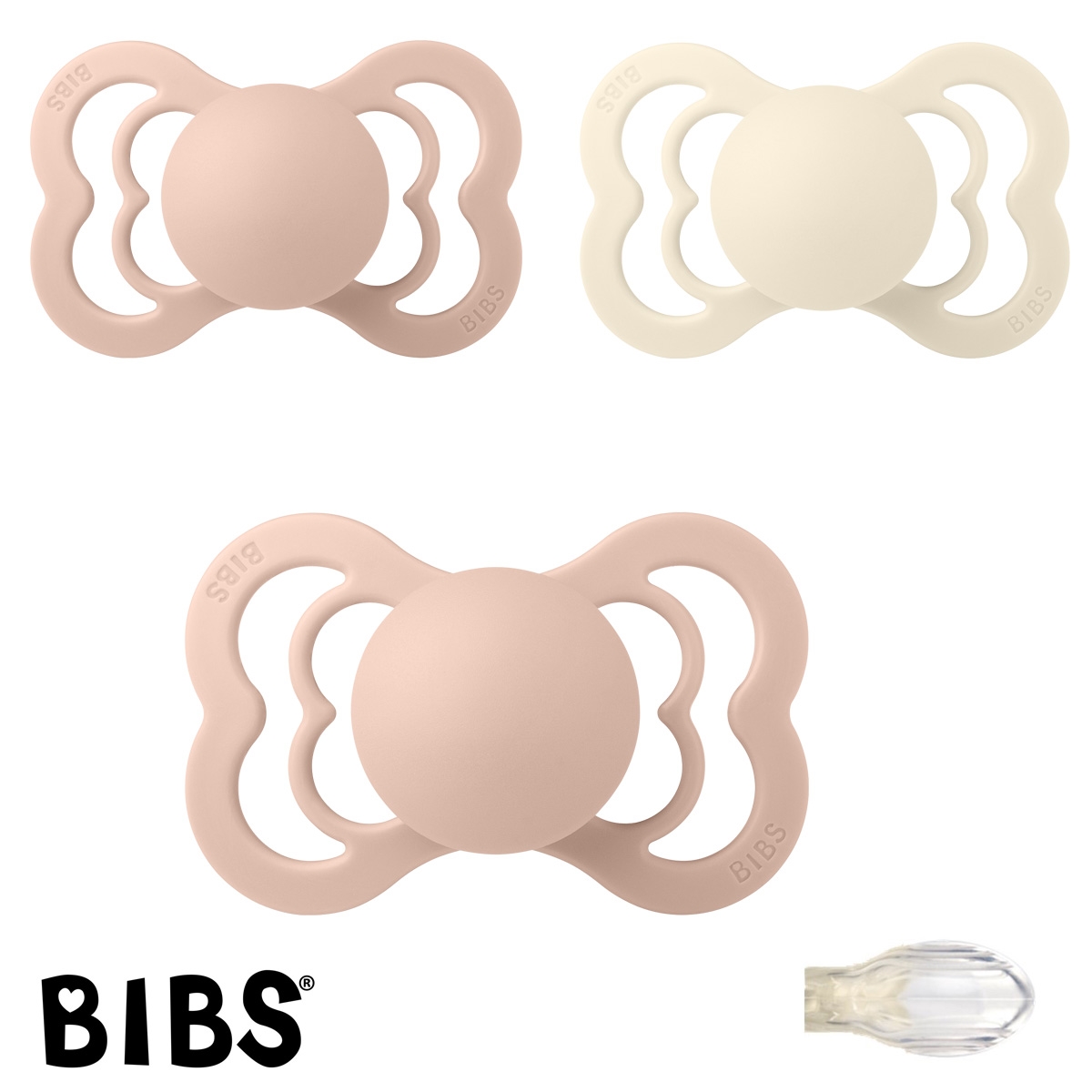 Bibs Supreme Schnuller mit Namen, Symmetrisch Silikon Gr. 2, 1 Ivory, 2 Blush, 3\'er Pack