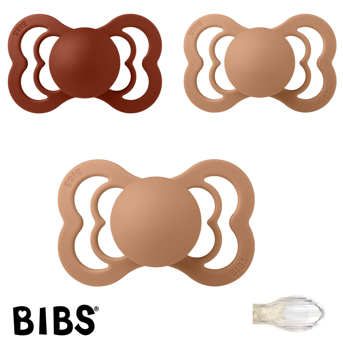 Bibs Supreme Schnuller mit Namen, Symmetrisch Silikon Gr. 2, 1 Rust, 2 Earth, 3\'er Pack