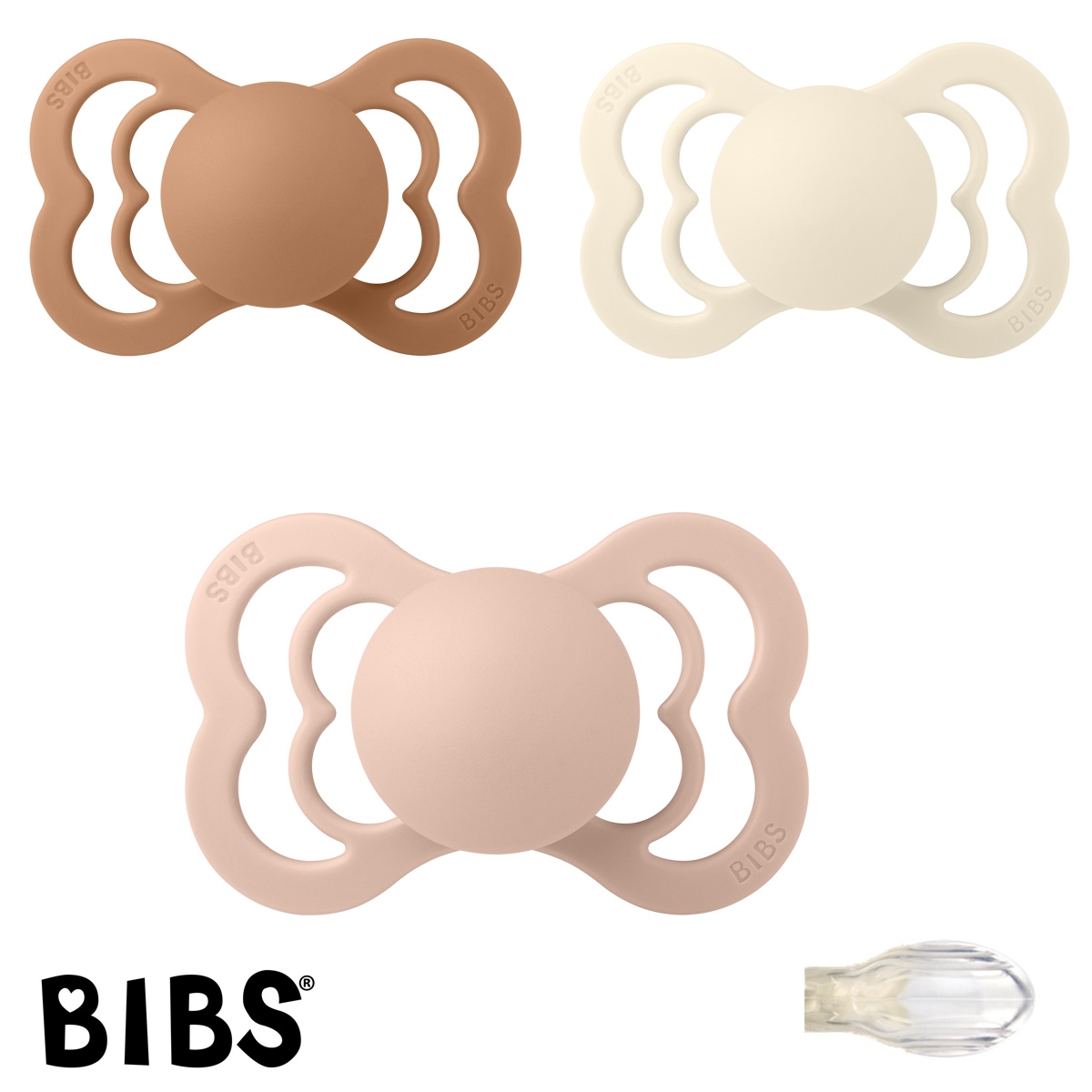 Schnuller mit Namen, Bibs Supreme, Symmetrisch Silikon Gr. 2, 1 Ivory, 1 Blush, 1 Earth, 3\'er Pack