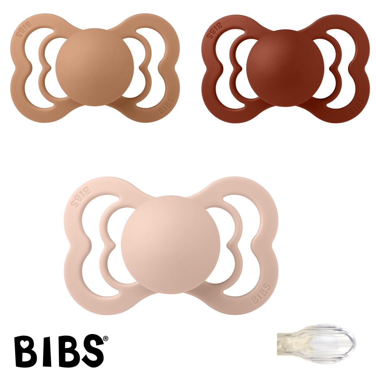 Schnuller mit Namen, Bibs Supreme, Symmetrisch Silikon Gr. 2, 1 Blush, 1 Earth, 1 Rust, 3\'er Pack