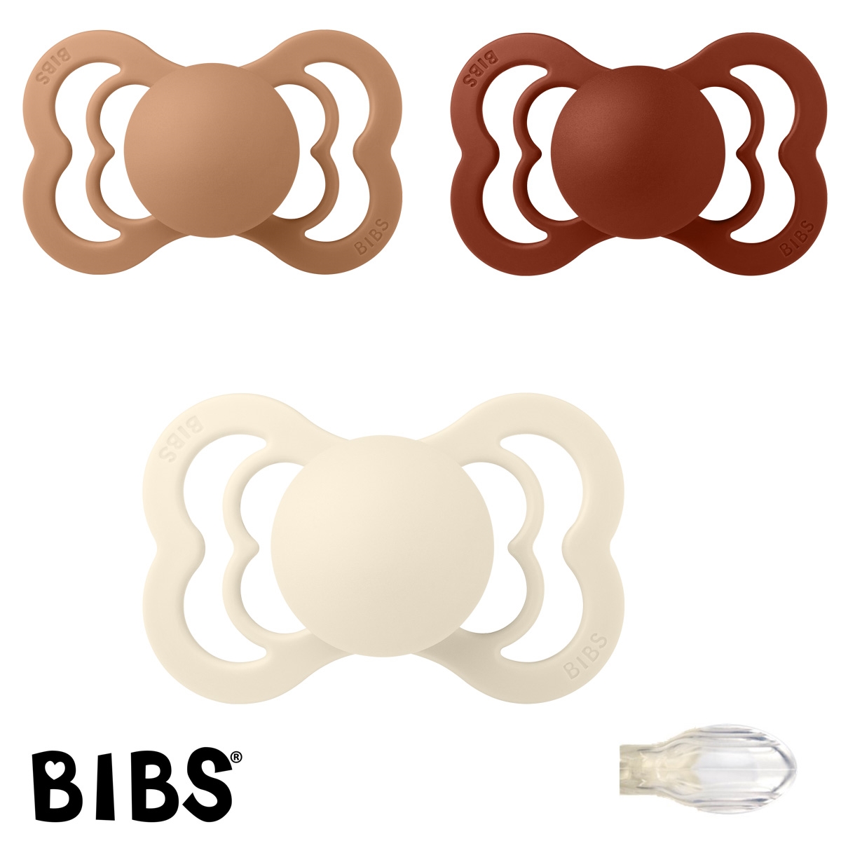 Schnuller mit Namen, Bibs Supreme, Symmetrisch Silikon Gr. 2, 1 Ivory, 1 Earth, 1 Rust, 3\'er Pack