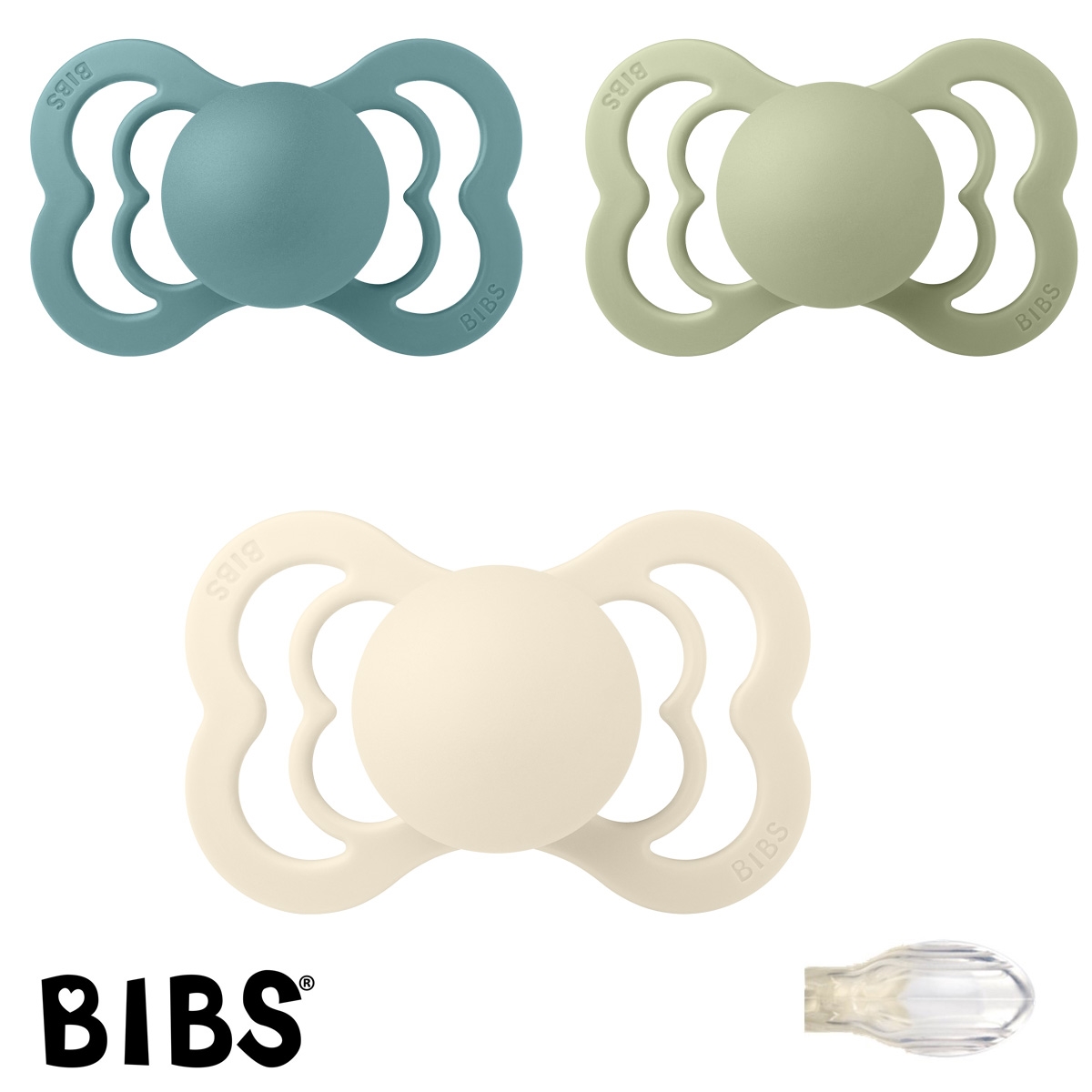 Schnuller mit Namen, Bibs Supreme, Symmetrisch Silikon Gr. 2, 1 Ivory, 1 Island Sea, 1 Sage, 3\'er Pack 