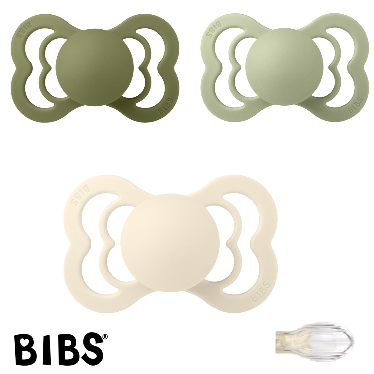 Bibs Supreme Schnuller mit Namen, Symmetrisch Silikon Gr. 2, 1 Olive, 1 Sage, 1 Ivory, 3\'er Pack