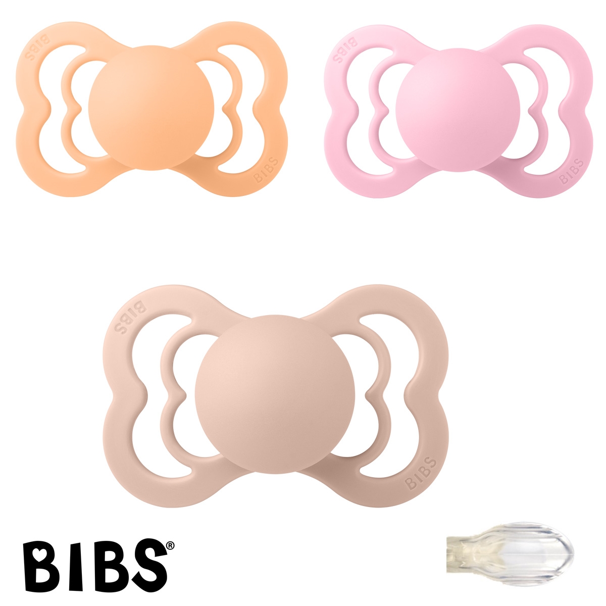 Schnuller mit Namen, Bibs Supreme, Symmetrisch, Silikon Gr. 2, 1 Baby Pink, 1 Blush, 1 Peach Sunset, 3\'er Pack