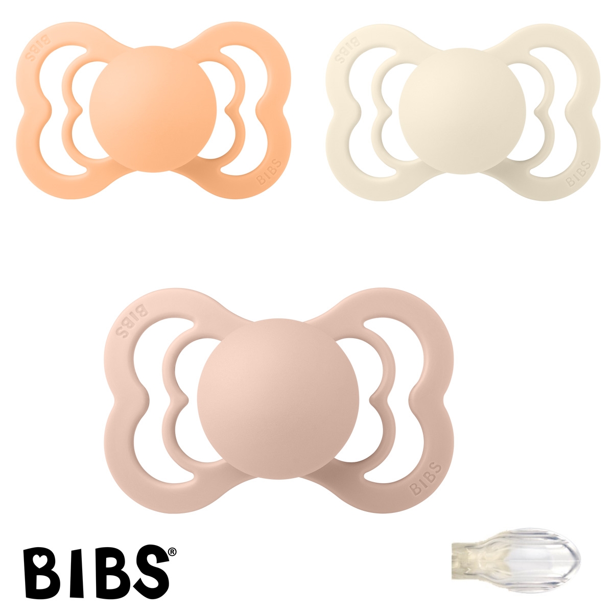 Schnuller mit Namen, Bibs Supreme, Symmetrisch Silikon Gr. 2, 1 Peach Sunset, 1 Ivory, 1 Blush, 3\'er Pack