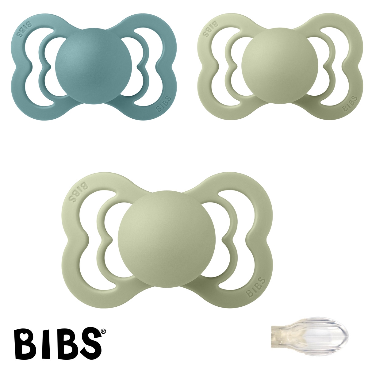 Schnuller mit Namen, Bibs Supreme, Symmetrisch Silikon Gr. 2, 2 Sage, 1 Island Sea, 3\'er Pack 