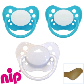 Nip Schnuller mit Namen, Anatomisch, Latex, 2 türkis + 1 weiß (3er Pack)