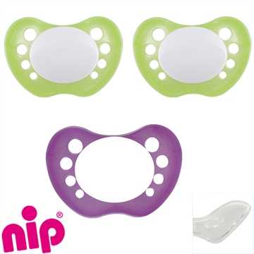 Nip Schnuller mit Namen, Anatomisch, Silikon, Gr. 2, 1 pearly purple + 2 pearly green (3er Pack)